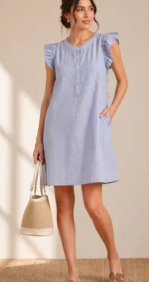 Gibson Ruffle-Sleeve Dress Size Large Blue Stretch Cotton thumbnail 1