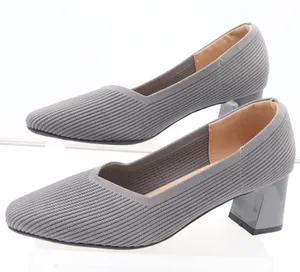 Gray Ribbed Knit Block Heel Pumps Square Toe Cushioned Insole Size 41 thumbnail 1