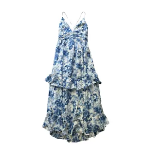 Abercrombie & Fitch Tiered Ruffle Maxi Dress Small White Blue Sundress Tie Back thumbnail 3