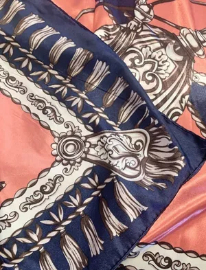 Vintage Large Antique Bells &Tassels blue/orange SQUARE SILKY SCARF 35/35 thumbnail 7