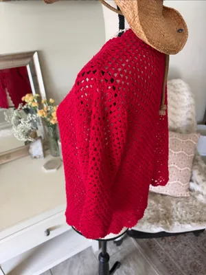 Norm Thompson red linen cotton, crochet knit, 3/4 sleeve sweater cardigan XL thumbnail 6
