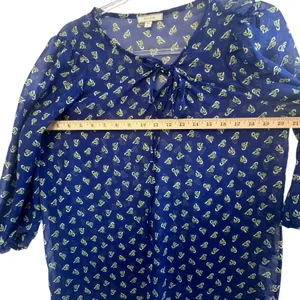 DLEIONE Sheer Bow Print Blouse‎ Blue Tie Neck Long Sleeve L Made in USA thumbnail 9
