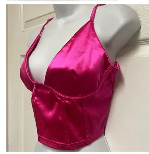 UNBRANDED Hot Pink Satin Corset Crop Top thumbnail 3