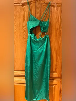 ZARA Asymmetric Cut Out‎ Satin Effect Midi Dress Side Slit Emerald Green Size XS thumbnail 16
