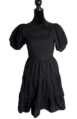 Chelsea & Violet Black Linen Blend Tiered Dress XS Open Back Puff Sleeve Mini thumbnail 1