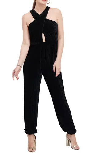 Sadie & Sage Textured Velvet Halter Jumpsuit Keyhole Crisscross Medium Glam thumbnail 1