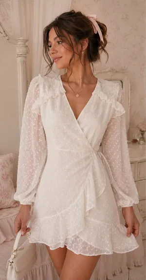 NWT Gianni Bini White Swiss Dot Wrap Dress Medium Romantic Cottagecore Mini thumbnail 1