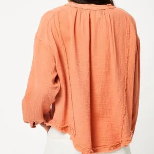 Free People We The Free Relaxed Perpetual button down orange raw hem shirt sz M thumbnail 2