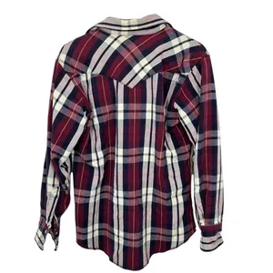 Wrangler‎ Western Mens Plaid Long Sleeve Shacket Snap Front Burgundy Blue Cream thumbnail 3