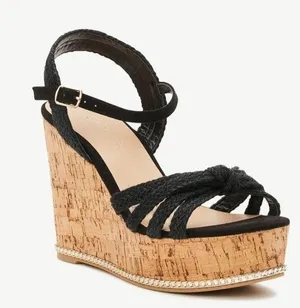Time And Tru Womens Cork Wedge Platform Black Sandals Size 7 Gold Cork Trim New thumbnail 1