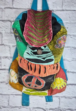 Nepal Cotton Patchwork Backpack Boho Hippie Festival Razor Cut Peace Sign Bag thumbnail 1