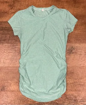 New Balance Ruched Side Crewneck Women's Short Sleeve Fitted Aqua Green Top thumbnail 1