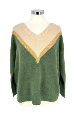 Aaron & Amber Chevron V-Neck Sweater Cabincore 70s Retro Beige Gold Green Medium thumbnail 1