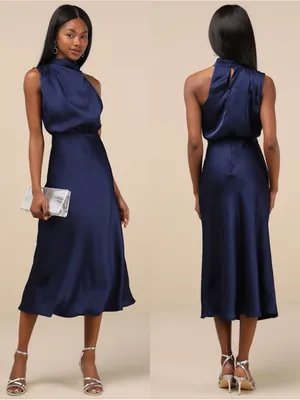 LULU’S Distinctive Charm Navy Satin Asymmetrical Midi Dress thumbnail 2
