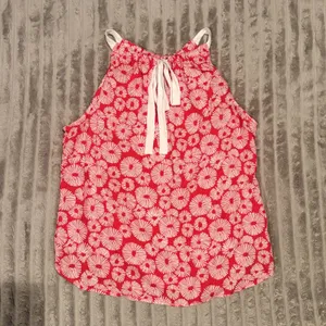 LOFT Red White Floral Sunburst Halter Neck Tie Back Blouse Top‎ NWT M thumbnail 6