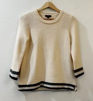 J.‎ Crew 100% Wool Sweater 3/4 Sleeve Stripe Trim XS Cream Gray Preppy Academia thumbnail 1