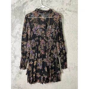 Free People Black Floral Mini Dress Boho Indie Sleaze Witchy‎ Romantic Grunge SM thumbnail 3