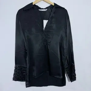 Zara Black Satin Blouse Embellished Jeweled Wide Cuffs Small Elegant Minimalist‎ thumbnail 2