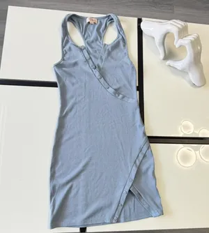 Camila Coelho Blue Ribbed Henley Asymmetrical Mini Dress XXS thumbnail 7