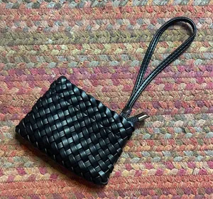 Black Vegan Leather Woven Wristlet Small Mini Coin Pouch thumbnail 1