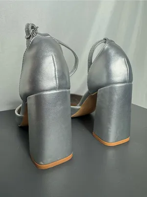 Silver Pointed-Toe wedding party elegant Block Heel Ankle Strap Pump Size 39 thumbnail 6