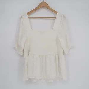 Nine West Babydoll Top Womens XL White Smocked Bodice Puff Sleeves Square Neck thumbnail 6