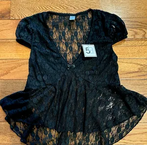 NWT Black Lace see through Cap Sleeve Babydoll high low Top size M thumbnail 8