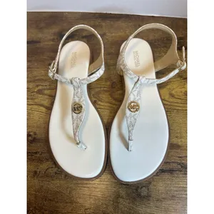 Michael Kors MK Logo Thong Sandals Womens Size 9M Ivory Gold T-Strap Buckle Shoe thumbnail 2