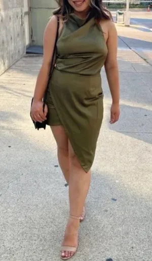 ELLIATT Camo Asymmetric Satin Cocktail Dress in Khaki Size Large thumbnail 11
