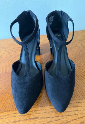 Avenue Black Suede Block Heel With Gold Accents  thumbnail 1