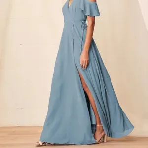 NWT Lulu's Easy Listening Slate Blue Cold-Shoulder Wrap Maxi Dress thumbnail 3