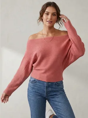 Off-the-Shoulder Ribbed Sweater Top Peachy Rose Size L thumbnail 1