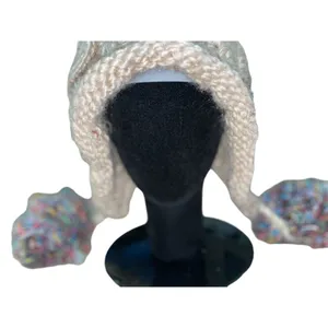 Cute Winter Beanie Pom Pom Tie Used Womens One Size thumbnail 2