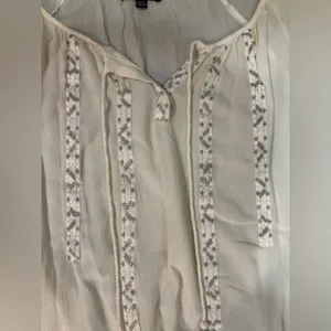American Eagle Cream Long Puff Sleeve Blouse with Lace & Bead Detail M thumbnail 2