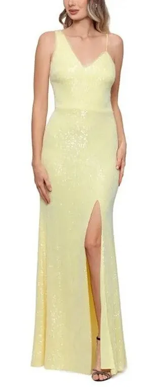 Xscape Yellow Sequined Asymmetric Neck Slit Sleeveless V-Neck Formal Gown Size 6 thumbnail 1