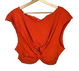 Free‎ People Bright Orange Twist Front Cropped Short Sleeve L thumbnail 1