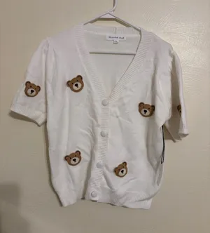 Threaded Leaf Teddy Bear Applique Knit Cardigan White NWT XL thumbnail 1