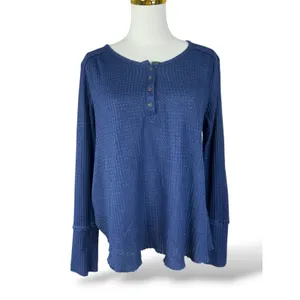 Anthropologie Navy Blue Waffle Knit Henley Long Sleeve Top Small SKU-A341 thumbnail 3