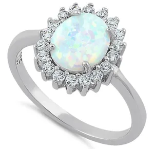 Sterling Silver SIZE 6 925 Oval White Lab Opal CZ Ring thumbnail 1