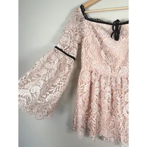 Boston Proper Pink Lace Off the Shoulder Bell Sleeve‎ Top Pom Pom Trim Size 10 thumbnail 3