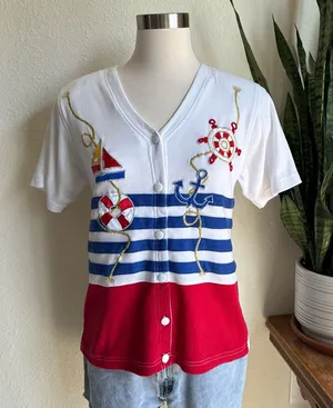Vintage Nautical Knit Tee‎ Patriotic Sailor Shirt small thumbnail 1
