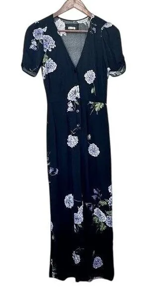 Reformation‎ Size 0 Jumpsuit Black Floral Short Sleeve V Neck Wedding Guest thumbnail 1