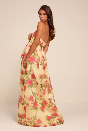 Lulus Ember Light Yellow Floral Organza Strapless Maxi Dress thumbnail 3