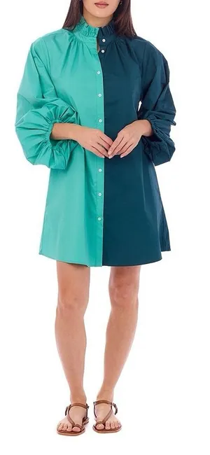 CROSBY‎ Olive Colorblock High Ruffle Collar Long Sleeve Button Front Shirt Dress thumbnail 1