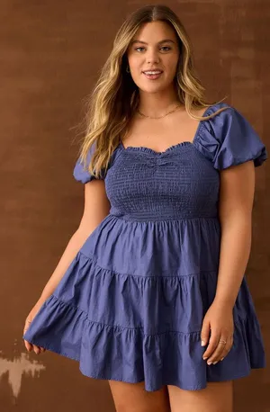 NEW Arula Laine Babydoll Dress Short Puff Sleeve Mini Denim Blue Amazing 1X thumbnail 1