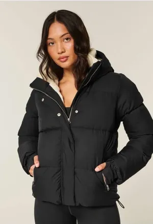 Hollister Women's Faux Fur-lined All-weather Puffer Jacket Black Large Warmest thumbnail 1