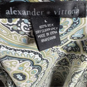 Alexander Vittoria 100% silk sage green boho print smocked top size large thumbnail 5