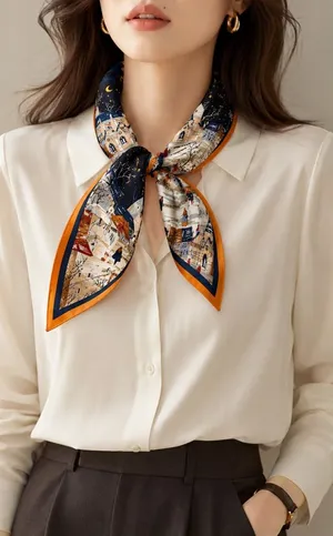 100% Silk Parisian Village Print Square Scarf Blue Orange Vintage Style thumbnail 1