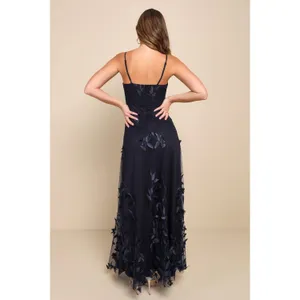 NWT Lulus Abundant Charm Navy Blue 3D Floral Applique Maxi Dress Cocktail Size S thumbnail 4
