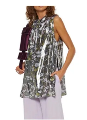 Ganni Floral print silk blend Metallic top Olive Green size 6 thumbnail 3
